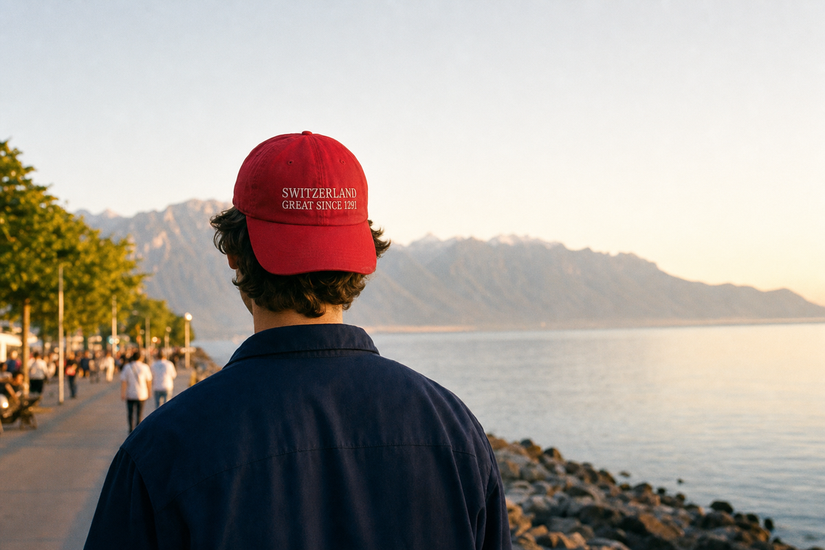 Casquette Switzerland Great Since 1291 portée au bord du lac Léman