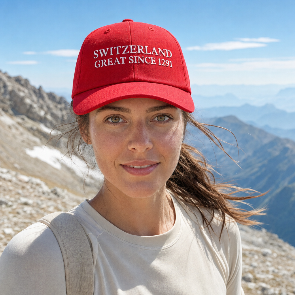 Casquette rouge brodée portée en randonnée dans les Alpes suisses