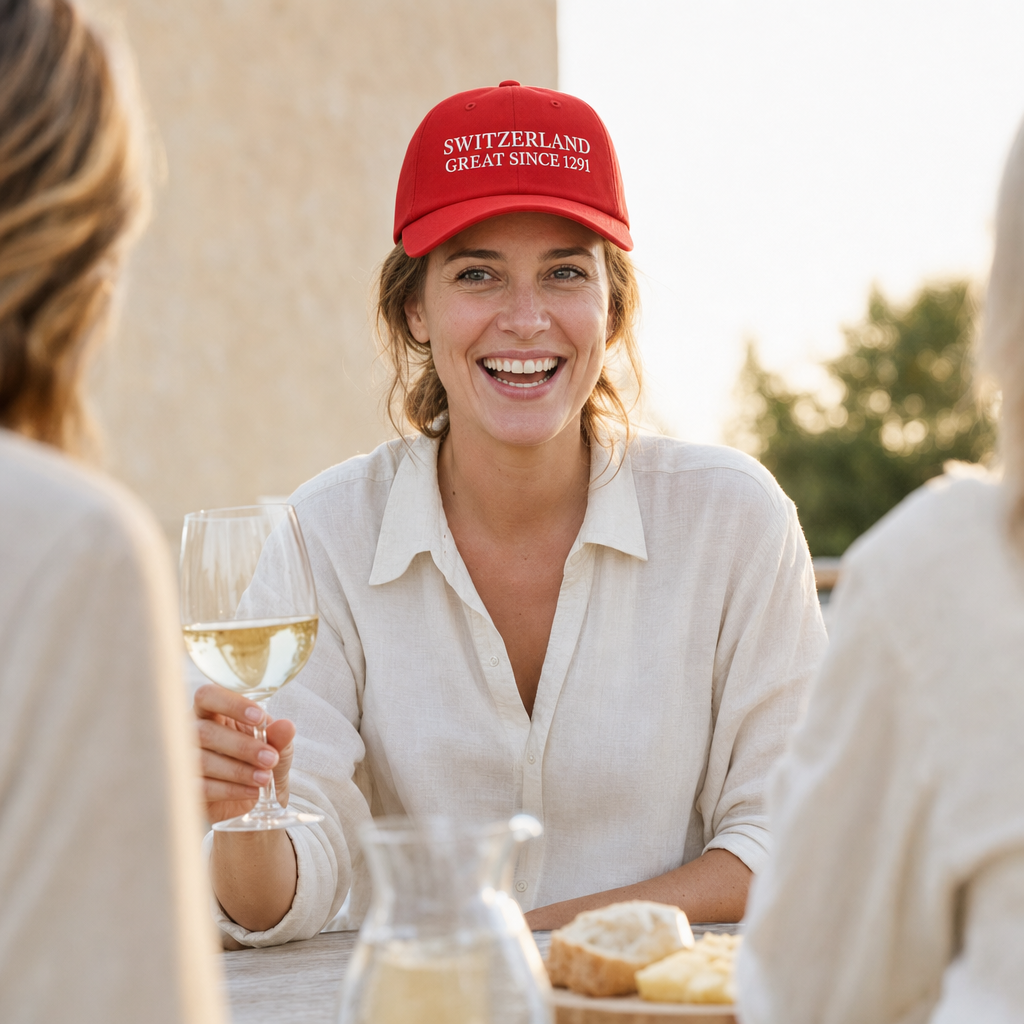 Casquette rouge brodée portée à l'apéro en terrasse