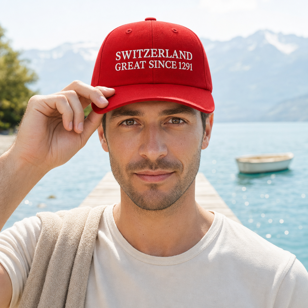 Casquette rouge brodée portée sur un ponton au bord d'un lac suisse