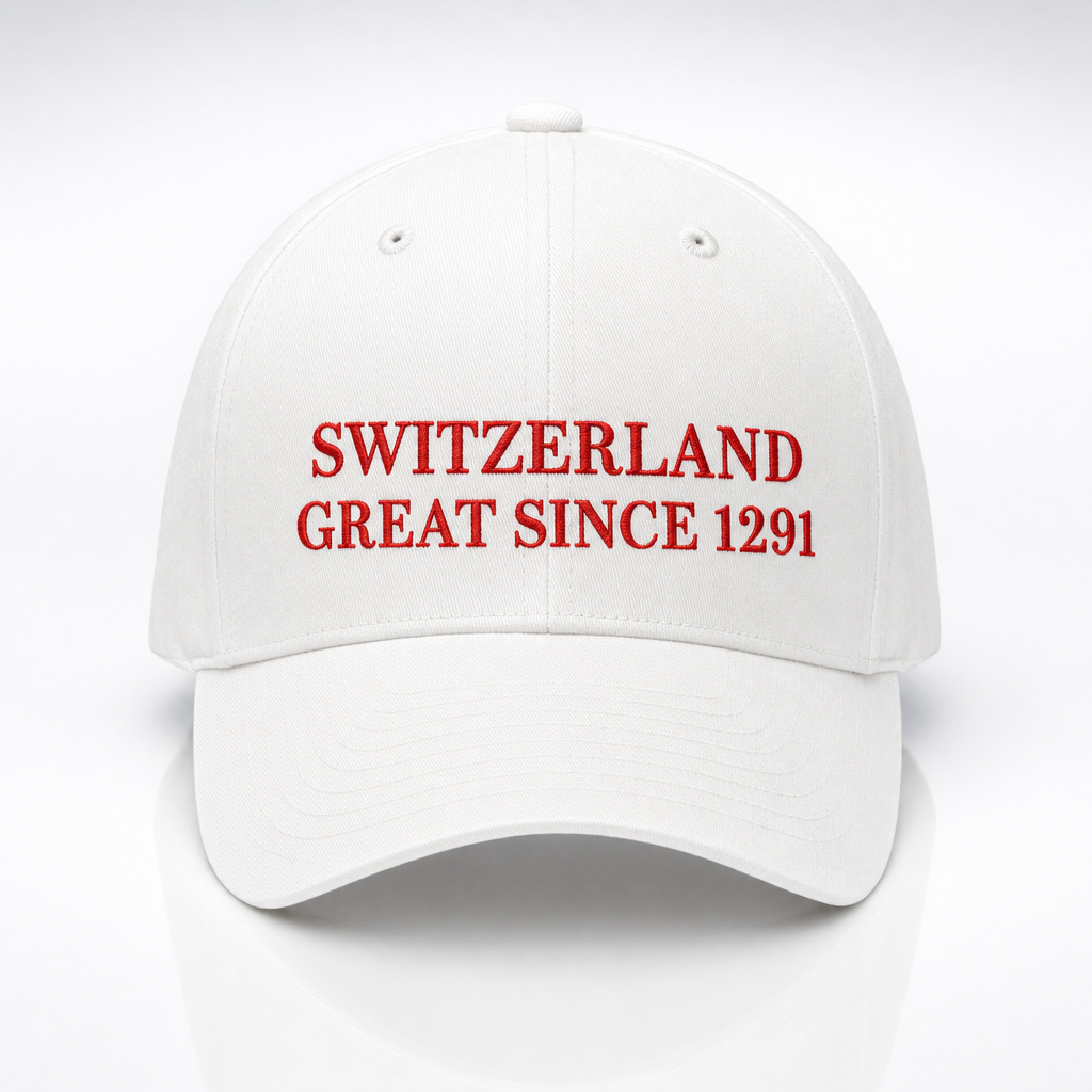 Casquette blanche suisse à broderie rouge Switzerland Great Since 1291, vue de face