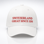 Casquette blanche suisse à broderie rouge Switzerland Great Since 1291, vue de face