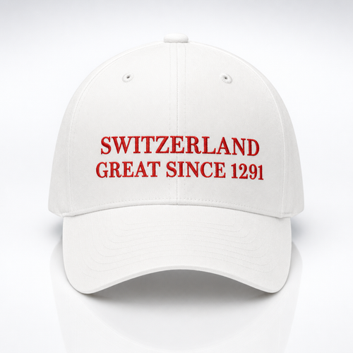 Casquette blanche suisse à broderie rouge Switzerland Great Since 1291, vue de face