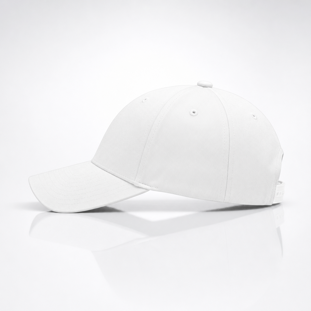 Casquette blanche à broderie rouge, vue de profil, visière courbée et œillets