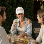 Casquette blanche à broderie rouge portée à l'apéro en terrasse