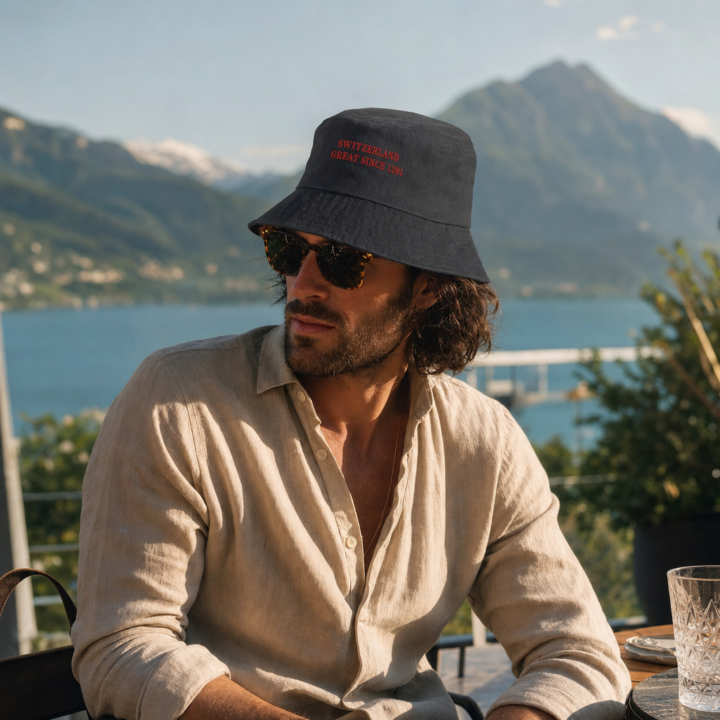 Bob gris anthracite SWITZERLAND GREAT SINCE 1291 porté au bord d'un lac suisse