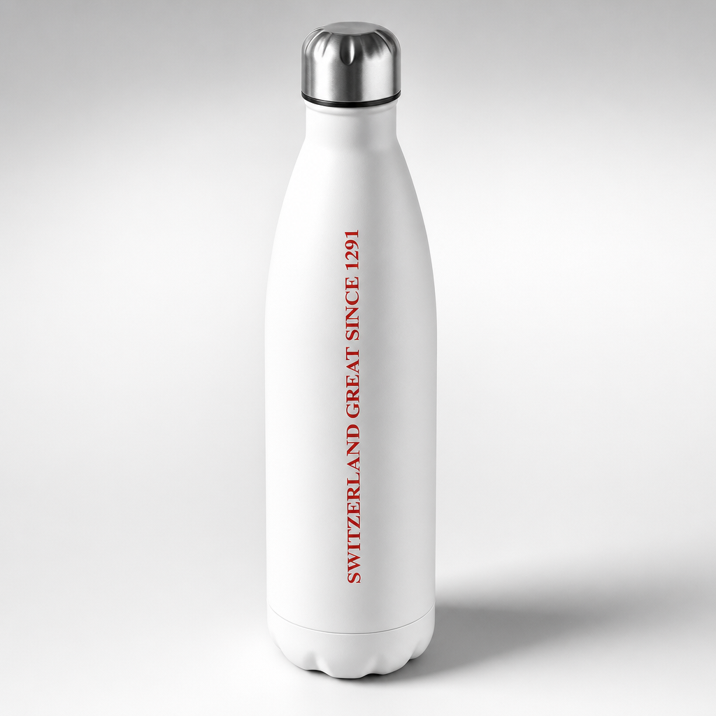 Gourde inox blanche SWITZERLAND GREAT SINCE 1291, packshot studio