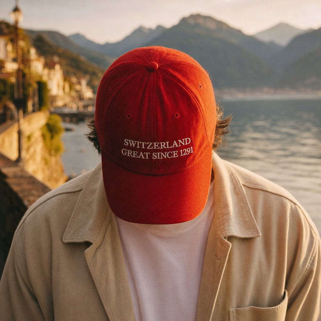 Casquette rouge SWITZERLAND GREAT SINCE 1291 portee