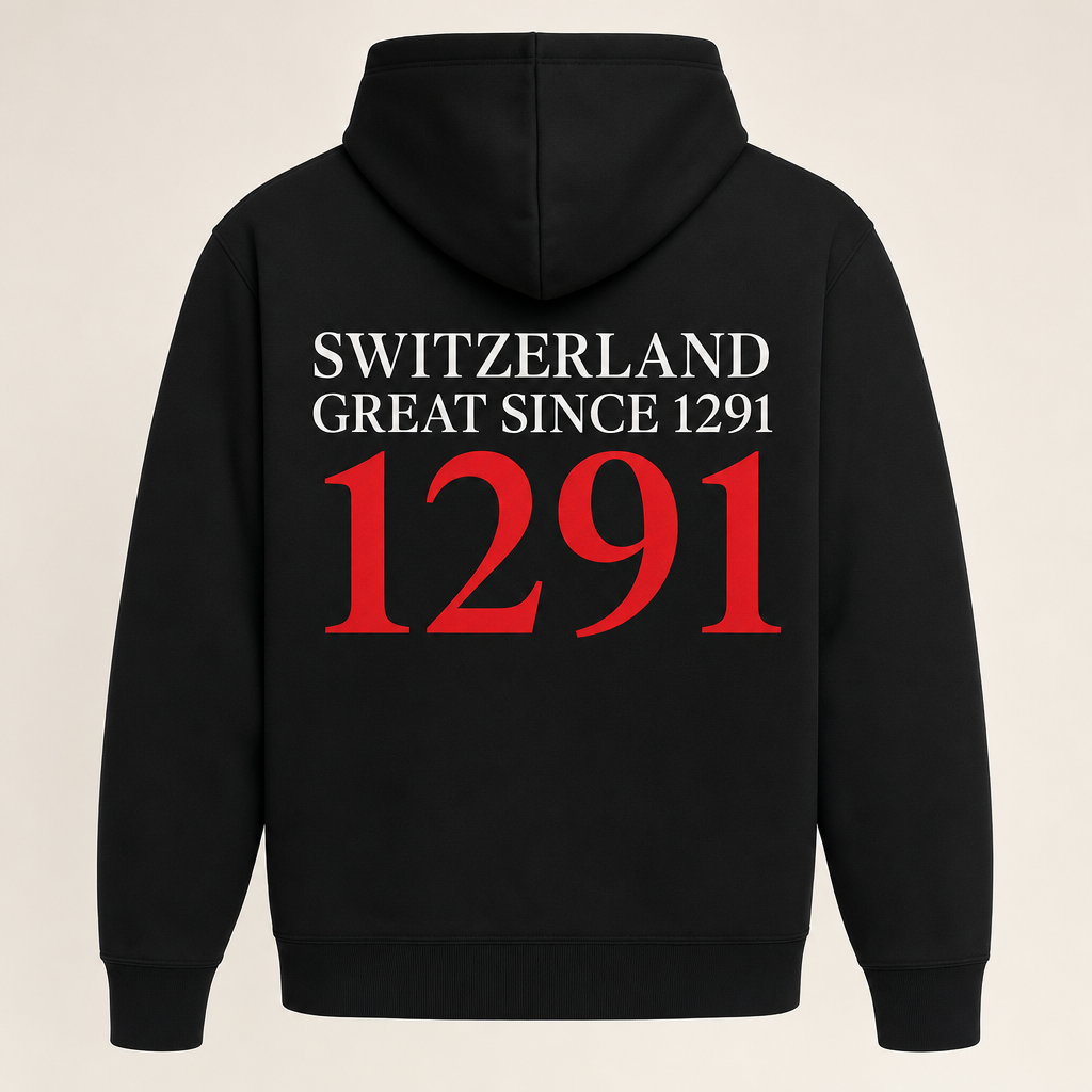 Hoodie noir dos SWITZERLAND GREAT SINCE 1291 blanc, 1291 rouge, packshot studio