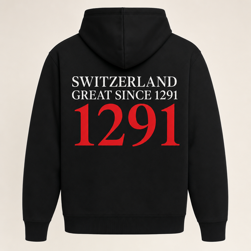 Hoodie noir dos SWITZERLAND GREAT SINCE 1291 blanc, 1291 rouge, packshot studio