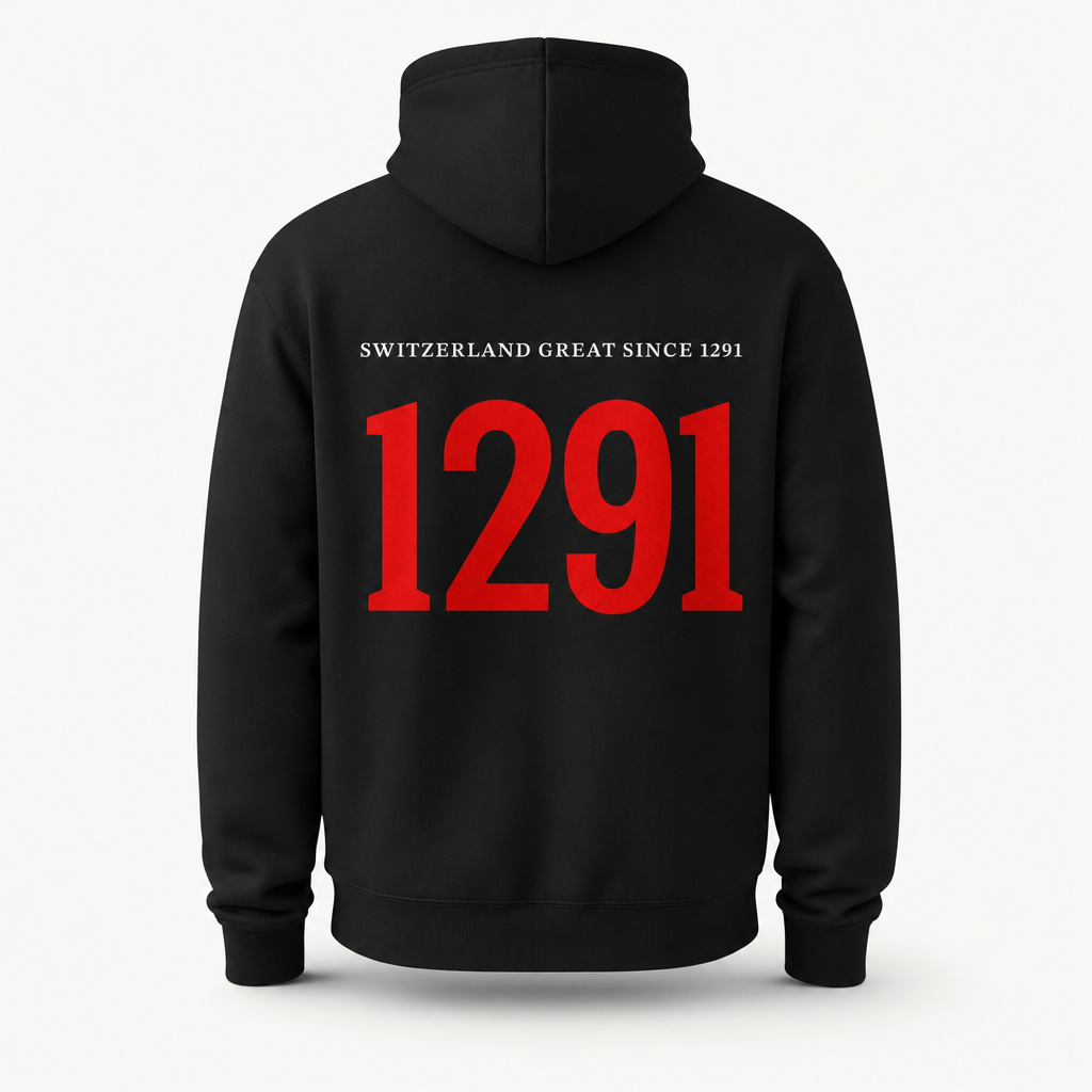 Hoodie noir 1291 rouge au dos SWITZERLAND GREAT SINCE 1291, packshot studio