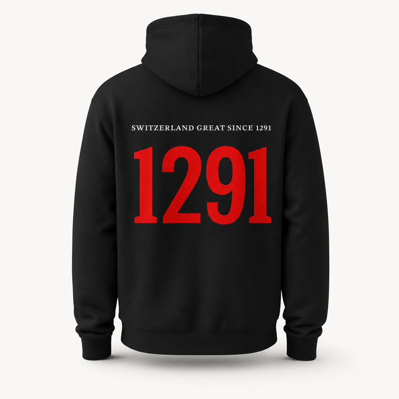 Hoodie noir 1291 rouge au dos SWITZERLAND GREAT SINCE 1291, packshot studio