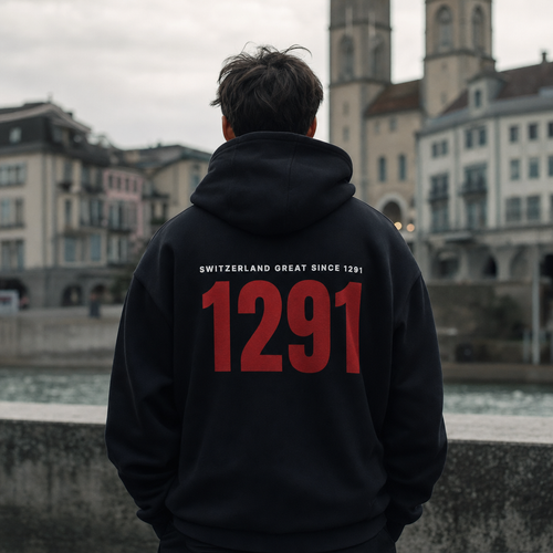 Hoodie noir 1291 porte de dos, vieille ville suisse