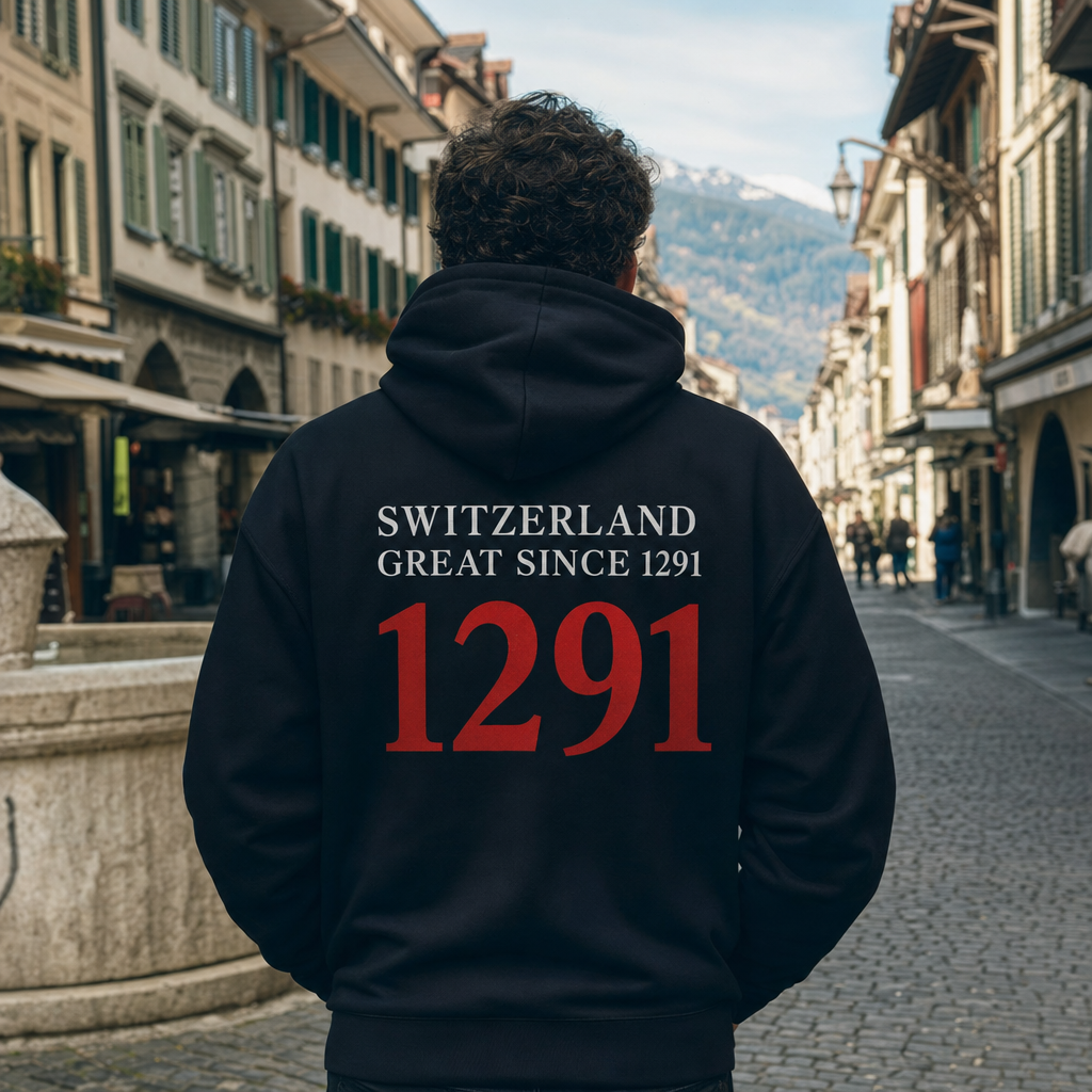 Hoodie noir SWITZERLAND GREAT SINCE 1291 porte de dos, vieille ville suisse