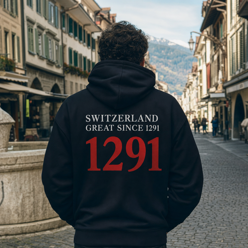Hoodie noir SWITZERLAND GREAT SINCE 1291 porte de dos, vieille ville suisse