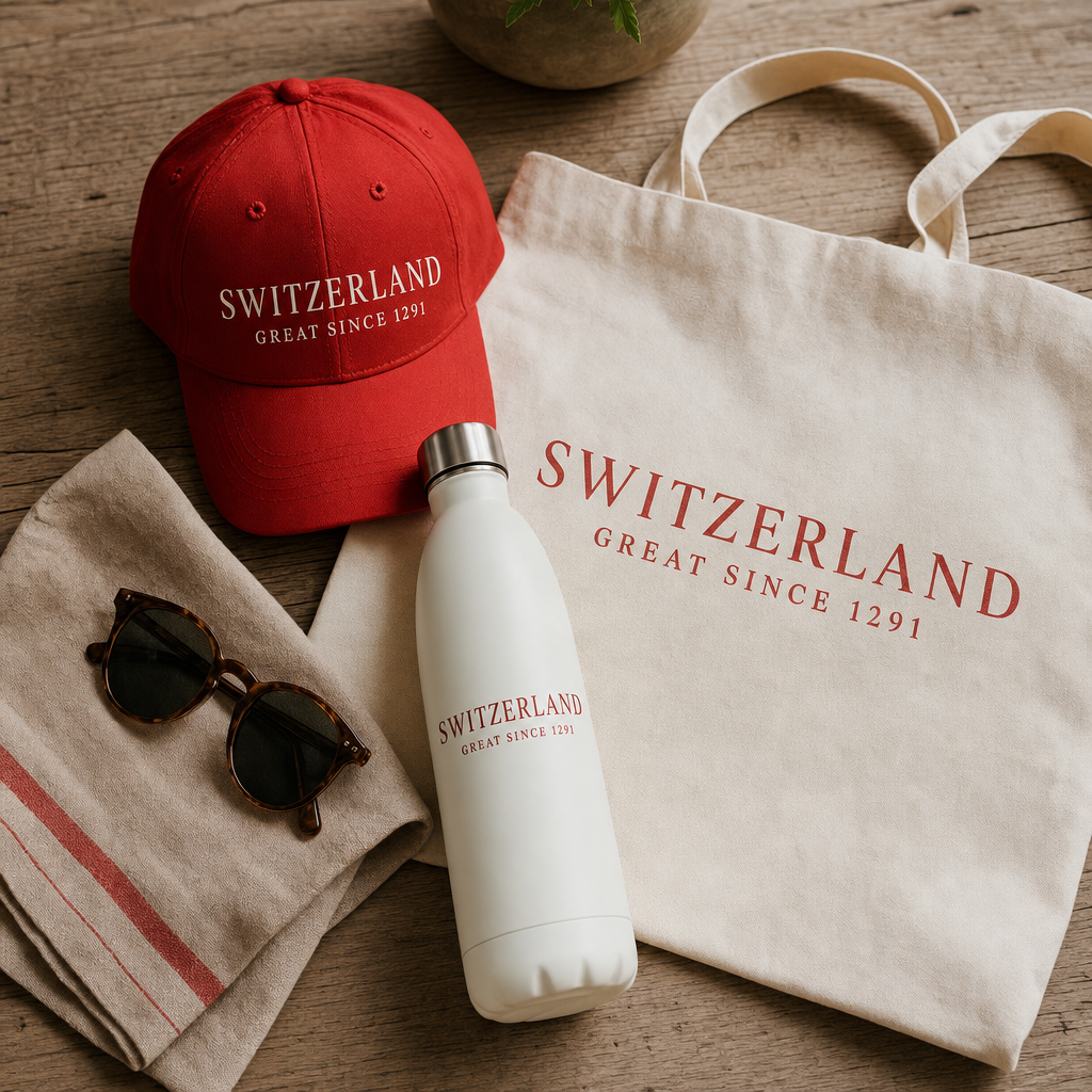 Le Kit du Supporter SWITZERLAND GREAT SINCE 1291 - casquette, gourde et tote, mise en scene voyage