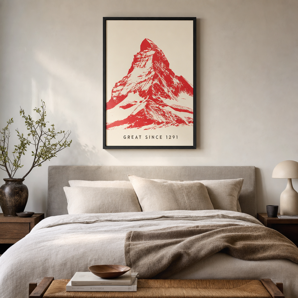 Le Tableau 1291 encadré au-dessus d'un lit — chambre épurée