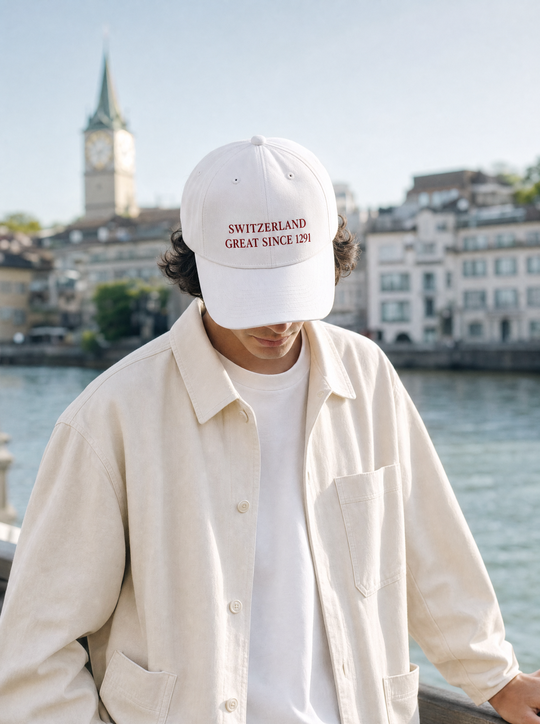Casquette blanche SWITZERLAND GREAT SINCE 1291 portee - lifestyle suisse