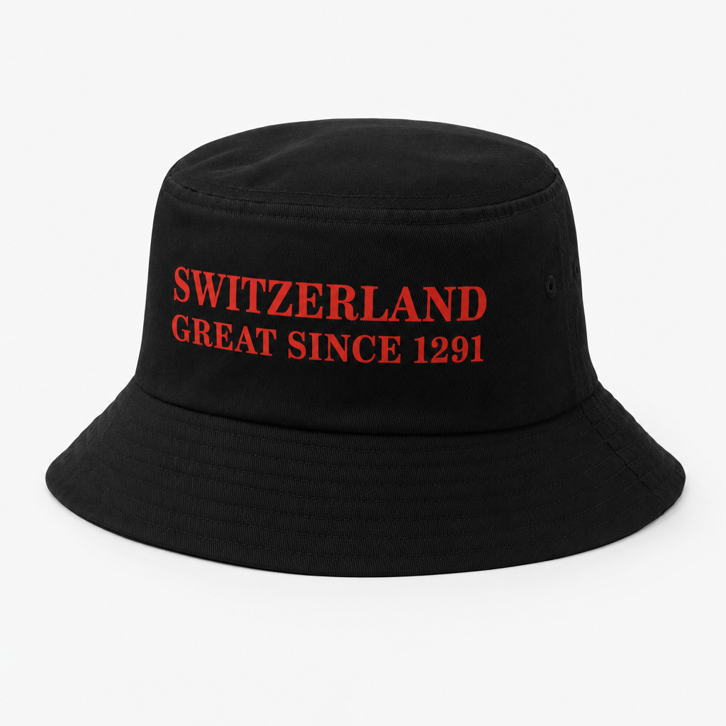 Bob noir imprime slogan rouge Switzerland Great Since 1291, vue studio