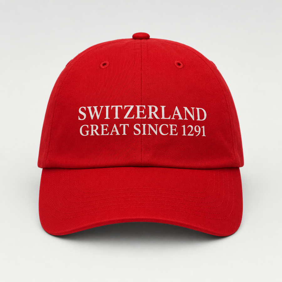 Casquette rouge imprimee Switzerland Great Since 1291, vue de face