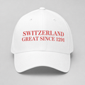 Casquette blanche imprimee rouge Switzerland Great Since 1291, vue de face