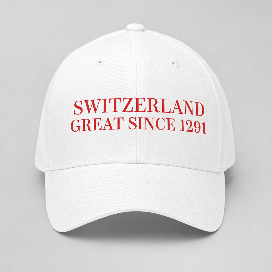 Casquette blanche imprimee rouge Switzerland Great Since 1291, vue de face