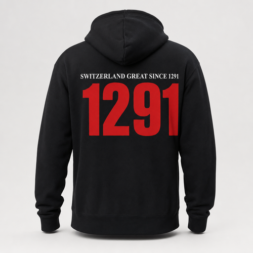 Hoodie noir 1291 rouge au dos, Switzerland Great Since 1291