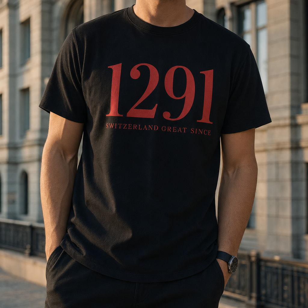 T-shirt noir 1291 SWITZERLAND GREAT SINCE porte en ville, lifestyle suisse