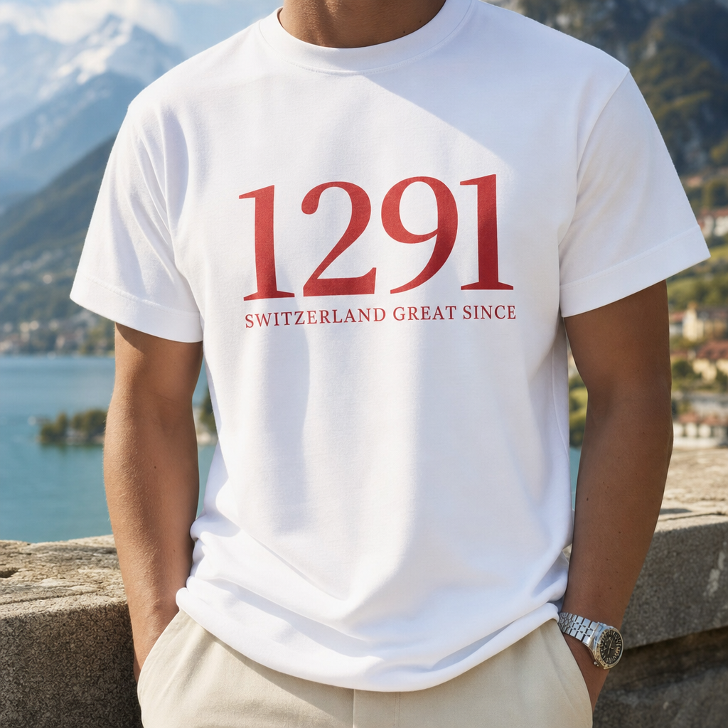 T-shirt blanc 1291 SWITZERLAND GREAT SINCE porte en exterieur, lifestyle suisse