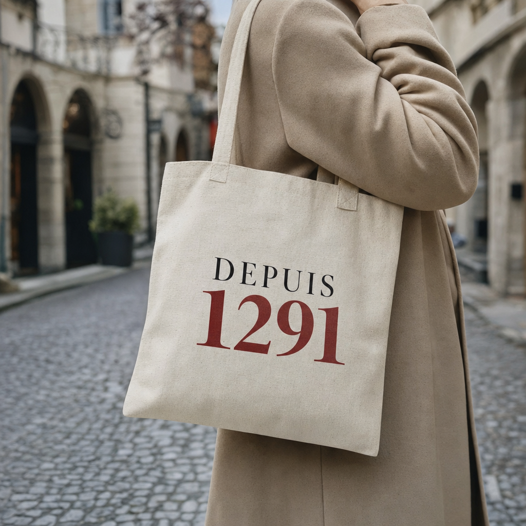 Tote ecru DEPUIS 1291 porte a l'epaule, rue suisse